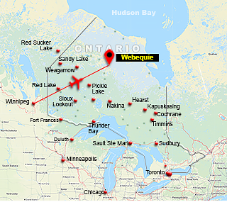 Map showing charter flight route from Winnipeg / St Andrews Airport To Webequie, Ontario
